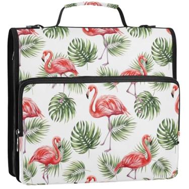 Imagem de Flamingos Folhas de Palmeira Tropicais 3 Fichários de 3,8 cm D Anel D Organizador de Fichários Escolares Bolsa com Alça de Ombro Impressão Portfólio e Estojo Suporte de Pasta, 34,5 x 31,5 x 9 cm