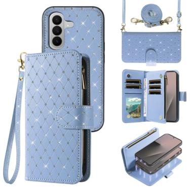 Imagem de Asuwish Capa carteira compatível com Samsung Galaxy Z Fold 7 com zíper e alça transversal com glitter flip porta-cartões para ZFold Z7 G Fold7 7Z mulheres meninas azul claro