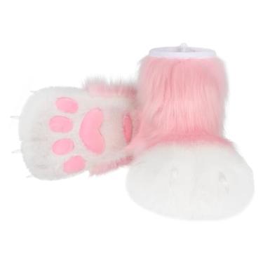 Imagem de HAOAN Pantufas de pata de animais peludos, botas felpudas, gatos, raposa, lobo, urso, garras, acessórios para cosplay de Halloween, rosa, Tamanho Único