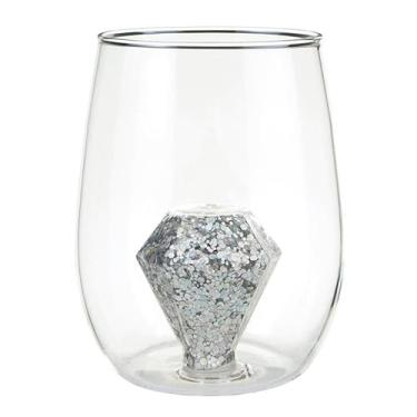Imagem de Slant Collections Presente de casamento noiva taça de vinho 3D sem haste com estatueta, 473 g, anel de diamante com glitter prata