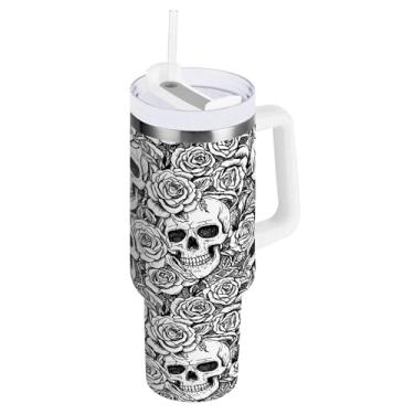 Imagem de SEHANY Copo de caveira e rosas de 850 g com alça, copo isolado de aço inoxidável a vácuo de parede dupla, caneca de café à prova de vazamento, copo isolado para viagem, cabe no suporte de copo de