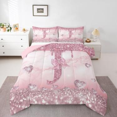Imagem de Erosebridal Conjunto de edredom com inicial J personalizado, com laço rosa, rosa, tamanho solteiro, com letras personalizadas, para crianças, meninas, adolescentes, mulheres, presentes para