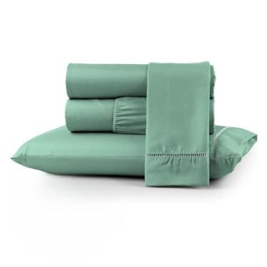 Imagem de Jogo de Cama Macio 400 Fios Versátil para Camas de Casal e Solteiro, Fixação Segura com Elástico(VERDE,KING)