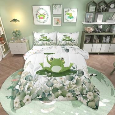 Imagem de Erosebridal Jogo de cama infantil Queen fofo de desenho animado de sapo, estampa de eucalipto, estampa de folhas de eucalipto, aquarela e estampa kawaii, com estampa de animal engraçado