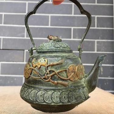 Imagem de FENNYYAR Ornamento de bule de chá esculpido em bronze antigo com cinco imperadores, 10 cm, sala de estar, decoração de mesa de casa