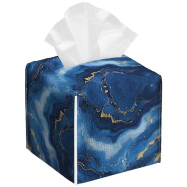 Imagem de Pacote com 2 caixas de lenços de papel em mármore dourado azul abstrato quadrado PU suporte de caixa de lenços de papel facial à prova d'água para banheiro, cozinha, casa, escritório, carro