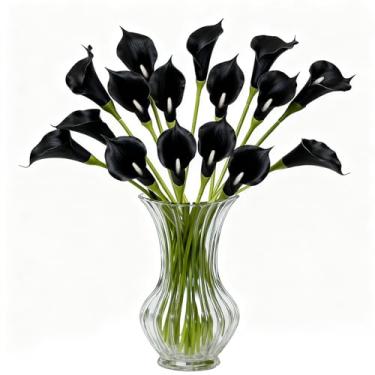 Imagem de GrainBuds 22 peças de lírio de calla preto de 63,5 cm, flores artificiais de toque real, haste longa, lírios falsos para decoração de casa com buquê de casamento (preta)