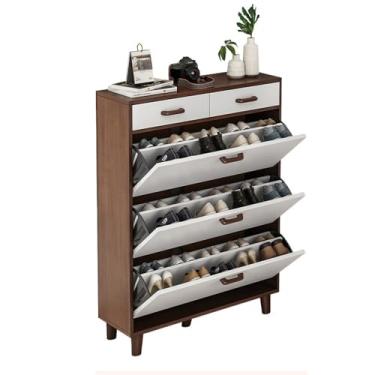 Imagem de Armário de sapatos de madeira com gavetas 3 portas dobráveis armário de sapatos independente armazenamento duplo pequeno armário de sapatos estreito com prateleiras removíveis para entradas
