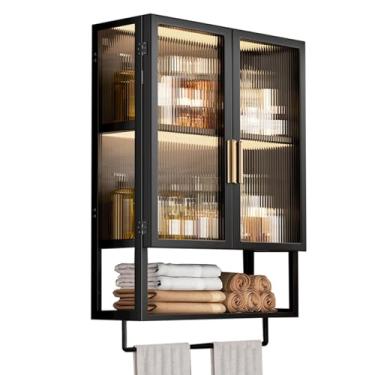 Imagem de Armário de banheiro montado na parede com barra de toalha, organizador de armazenamento sobre o vaso sanitário, 2 portas, unidade que economiza espaço para lavanderia e sala de estar, fácil instalação