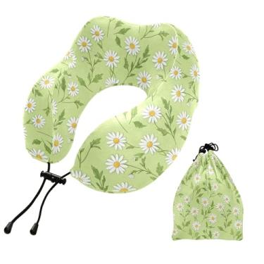 Imagem de Burbuja Margaridas em travesseiro de pescoço verde para viagens, almofada de viagem de espuma viscoelástica para dormir, suporte de cabeça de carro de avião, lavável na máquina e portátil