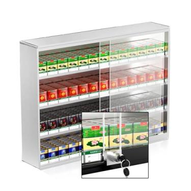 Imagem de Armário de cigarro de metal montado na parede, suporte de caixa de cigarro de varejo bloqueável, prateleiras organizadoras para bares, cafeterias, lojas de departamentos (cor: prata, tamanho: 80,5 x