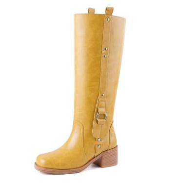 Imagem de CORNMOOD Banana Bota feminina cano alto bico quadrado salto grosso cavalgar botas longas para mulheres confortável salto baixo puxar na panturrilha larga outono bota alta, Banana, 36