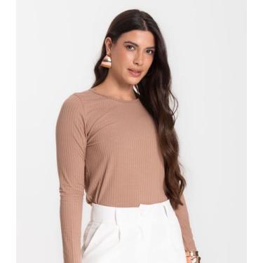 Imagem de Blusa Feminina Canelada Com Manga Longa Rovitex Marrom, GG, Marrom