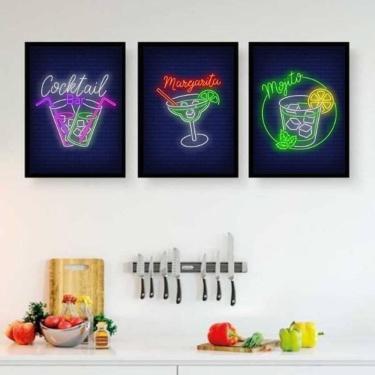 Imagem de Kit 3 Quadros Cocktail Bar 33X24Cm Com Vidro - Madeira Preta