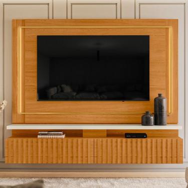 Imagem de Painel Para TV 75 Pol Com Bancada Suspensa Ripada LED Allen M07 Cinamomo Off White - Ly...