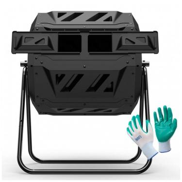 Imagem de Composteira Rotativa Nazhura Preta Dupla Câmara 163 L, Plástico e Aço Galvanizado, Acom...