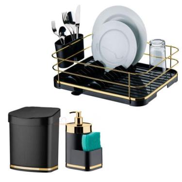Imagem de Kit Cozinha 3 Peças Escorredor Louça Talheres Lixeira 2,5L Dispenser D