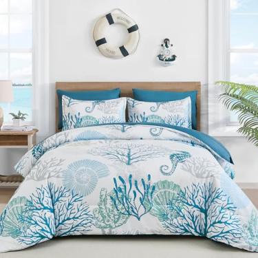 Imagem de Conjunto de edredom costeiro, tamanho casal, edredom temático de praia, 7 peças, algas marinhas náuticas e estrelas do mar, conjunto de cama com lençol em uma bolsa para o verão (198 cm x 224 cm)