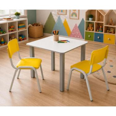 Imagem de Jogo de Mesa Infantil Com 2 Cadeiras Escolar Creche Atividades Amarelo