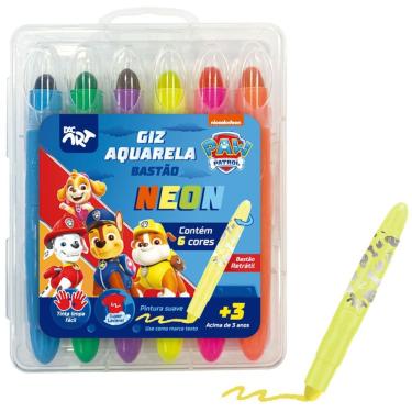 Imagem de Giz de Cera Aquarela DAC 4734 Ponta Retrátil 6 Cores Neon Patrulha Canina