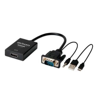 Imagem de Cabo Conversor De Vídeo VGA Macho Com Audio P2 Para HDMI Fêmea Com Alimentação USB Exbom CC-VHA30