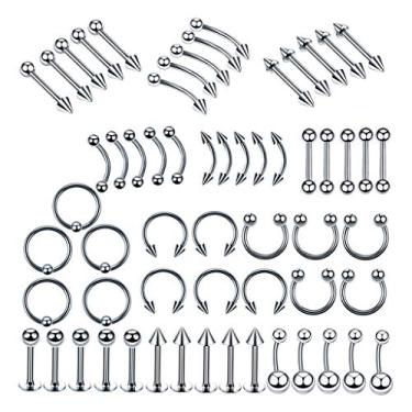 Imagem de SM SunniMix 60 peças de estilos mistos de aço inoxidável 14G/16G anel de barriga língua tragus labial nariz sobrancelha conjunto de joias piercings - prata, Aço inoxidável, não disponível