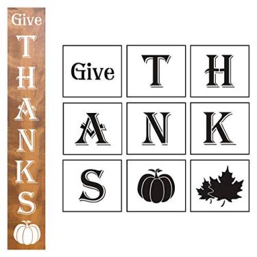 Imagem de Estêncil grande Give Thanks vertical - pacote com 9 modelos de estêncil de sinal de agradecimento com abóbora e folha de bordo para pintura em madeira, estênceis de letras reutilizáveis para placas de