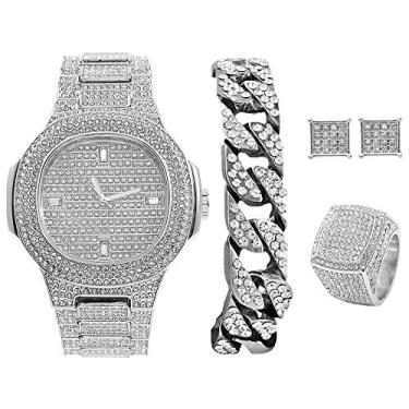 Imagem de Bling-ed Out It's Lit! Relógio Hip Hop e conjunto de joias com pulseira de corrente cubana, brincos e anel Kite Bling - GJM13, Silver -8967, 8