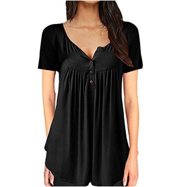Imagem de Camiseta feminina casual gola redonda, manga curta, blusa de verão, plus size, túnica, camiseta, Preto, XXG