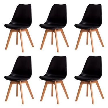 Imagem de Kit C/6 Cadeiras Leda  Charles Eames, Saarinen Wood Com Almofada Preta