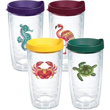 Imagem de Tervis Copo térmico de parede dupla Tropical Animals Made in USA mantém as bebidas frias e quentes, 473 ml - pacote com 4, sortido