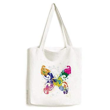 Imagem de Borboleta colorida com estampa floral, grafite, sacola de lona, bolsa de compras, bolsa casual