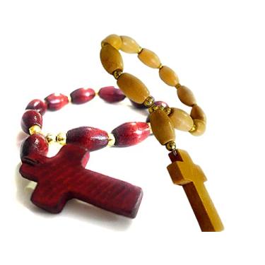 Imagem de Bracelete religioso católico pintado em madeira com contas rosárias com cruz de Chi Rho, 17,78 cm
