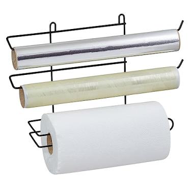 Imagem de Porta Papel Toalha de Parede Preto Suporte Suspenso Triplo para Rolos Alumínio Filme PVC