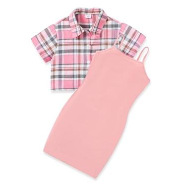 Imagem de PATPAT Vestido feminino de 2 peças, vestidos e blusa de botão cropped para 5 a 12 anos, rosa, 9-10Years