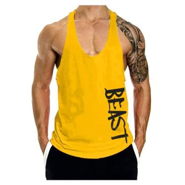 Imagem de Camiseta regata masculina estilo nadador nas costas com ajuste muscular, cor sólida, estampa de letra única, sem mangas, camiseta de ginástica, Amarelo, XG
