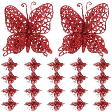 Imagem de Enfeites de Natal Decorações para árvores de Natal 24 peças Ornamentos vazados com glitter para guirlanda de Natal Decoração suspensa de árvore Decorações de Natal douradas/3309 (Size : Red)