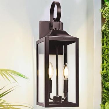 Imagem de Yolsunes Luzes de parede externas de bronze polido a óleo, 2 luzes, lanterna de luminária externa com sombra de vidro transparente, iluminação de varanda frontal à prova d'água, lanterna de arandelas moderna para casa, garagem