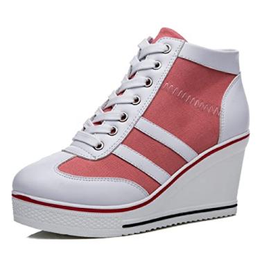 Imagem de ALLINNINE Tênis feminino de salto alto moderno de lona cano alto com cadarço borda cunha zíper inclinado sapatos tamanho 4-11, B Rosa, 40
