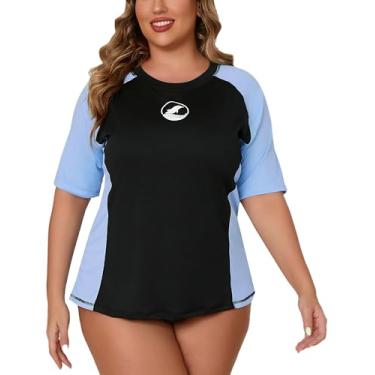 Imagem de Halcurt Camiseta feminina de natação Rash Guard plus size, sutiã embutido, manga curta, UPF50, leve, Sutiã azul claro preto/embutido, 1X