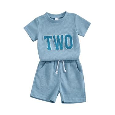 Imagem de Honganda Conjunto de roupa infantil para bebês de 2 anos, duas camisetas bordadas com shorts casuais, roupas de verão e aniversário, Azul, 2-3 Anos