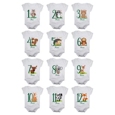 Imagem de Body de Bebê Mesversario Animais da Floresta Kit Com 12 Bodies 1 a 12 Meses