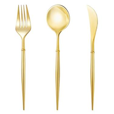 Imagem de N9R 90 peças de talheres de plástico dourado, utensílios de plástico dourado, talheres de ouro descartáveis, talheres descartáveis incluem: 30 facas, 30 garfos e 30 colheres para festa, aniversário,
