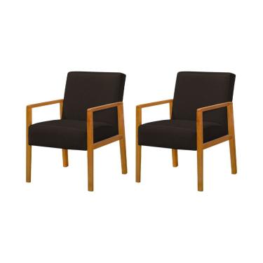 Imagem de Kit 2 Poltronas Base em Madeira Maciça Decorativas Bora Bora Linho Marrom Escuro