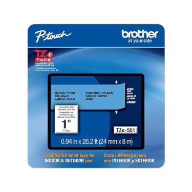 Imagem de Brother Fita de etiqueta laminada preta sobre azul P-touch genuína, TZe-551CS, 2,44 cm x 66,24 cm, preta