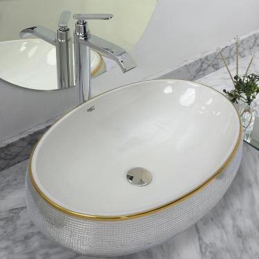 Imagem de Kit Cuba Pia Louça Cerâmica Banheiro C/Torn E Vál Cromada100