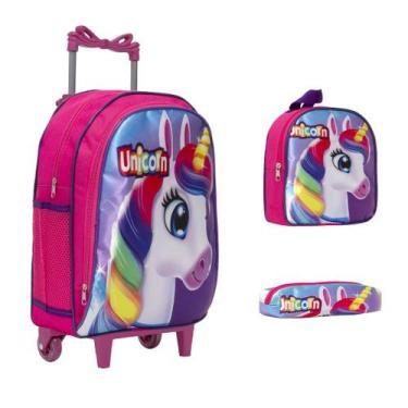 Imagem de Kit Mochila Infantil Rosa Unicórnio Rodinhas Aulas Passeio - Toys 2U