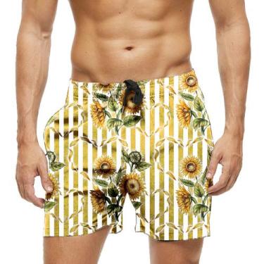 Imagem de Short Praia Shorts Banho Bermuda Verão Girassol Pétalas Xadrez Amarelo