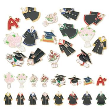 Imagem de FASHEWELRY 16 peças, 16 estilos, berloques esmaltados para graduação, adornos dourados da Academia, vestido de formatura, boné, livro de pano, letra A+pingente de graduação, pingentes de flores,