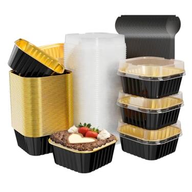 Imagem de Ksmxos Pacote com 100 mini formas de bolo quadradas com tampas, mini formas de pão com tampas, copos de folha de alumínio, copos descartáveis de cupcake, copos de sobremesa para festa de aniversário